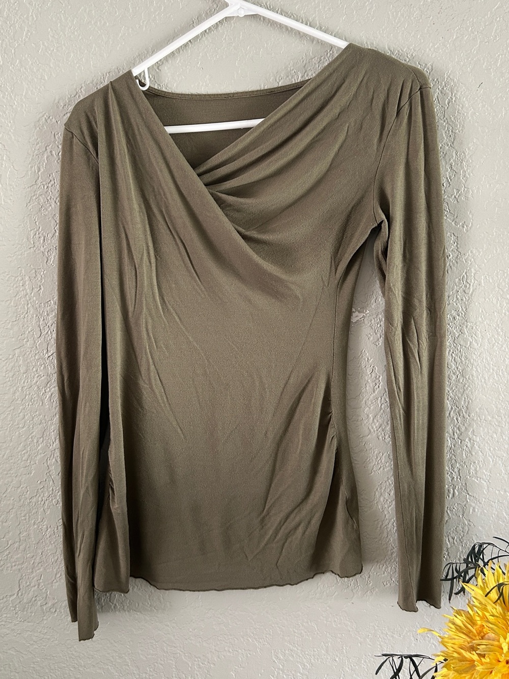 VENUS Side Ruching, Drape Asymmetric Neckline,  Long Sleeve Top - Olive Green